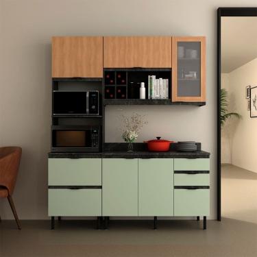 Imagem de Cozinha Compacta Begônia CZ1203 180cm 03 Peças 06 Portas 04 Gavetas com Divisor de Talheres Mármore Lunar Verde Mar Freijó Tecnomobili