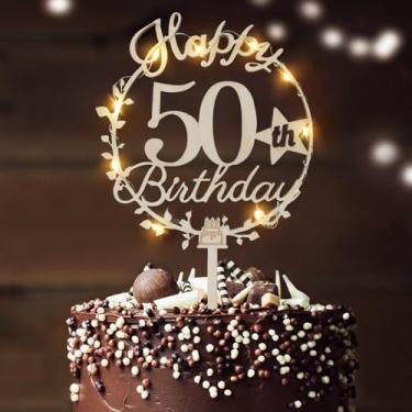 Imagem de Acmee Happy 50th Birthday Cake Topper - Gold Wood 50th Birthday Cake Decorations with LED Fairy Lights for 50th Women Men Birthday