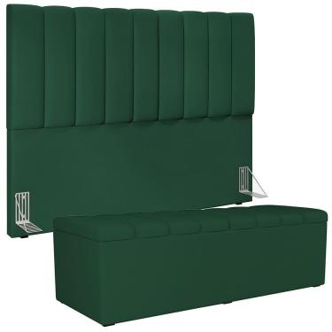 Imagem de Kit Cabeceira Cama Box Casal King 195cm Com Calçadeira Baú Dália W01 Suede Verde Musgo - Lyam