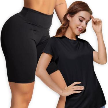 Imagem de Kit Short Legging BÁSICO Cós Alto + Camiseta Fitness POLIAMIDA Cor:;Tamanho:GG;Gênero:Feminino-Feminino