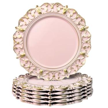 Imagem de UOEKCS Placas carregadoras rosa, carregadores de prato de 33 cm para pratos de jantar. Conjunto de 6 carregadores de plástico em relevo para jantar, festa, casamento.