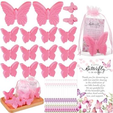Imagem de Dansib 50 conjuntos de lembrancinhas de chá de bebê com tema de borboleta, sabonete de borboleta com cartões de agradecimento, bolsa de presente para convidados, decoração de festa, chá de bebê