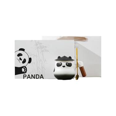 Imagem de Xícara de chá de cerâmica panda, conjunto de chá chinês bonito para casa - conjunto de duas peças de mudança gradual preto e branco / capa preta