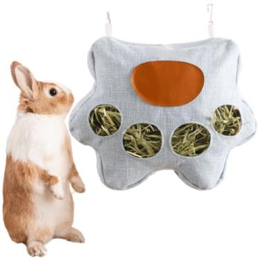 Imagem de Bolsa alimentadora de feno de coelho com 4 furos para gaiola de porquinho-da-índia Timothy dispensador de feno manjedoura para pendurar grande menos resíduos para coelho (azul, P)