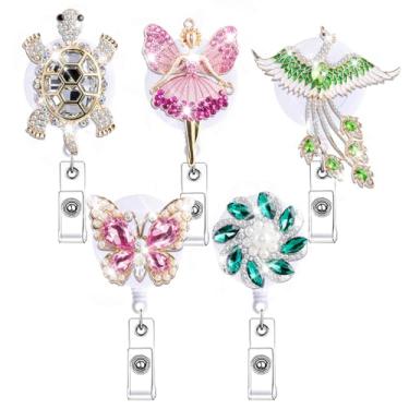 Imagem de Abamilaka Carretel de crachá de enfermeira de cristal com glitter, retrátil, fofo, com strass, tartaruga, borboleta, flor, pássaro, crachá, clipe para estudante de enfermagem, assistente social médica