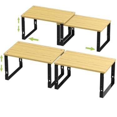 Imagem de Prateleiras de armazenamento ajustáveis para organização de armários de cozinha – Conjunto de 2 prateleiras empilháveis de metal e madeira projetada, design que economiza espaço para bancada/despensa
