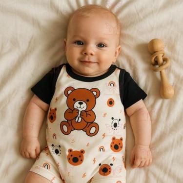 Imagem de Conjunto Macacão Jardineira Com Camiseta Ursinho Bebê Menino Tam 01 a 