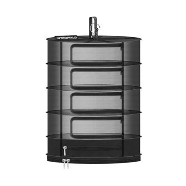 Imagem de SPONDWILD Rack de secagem de ervas, rede de malha para pendurar, pequeno rack de secagem de plantas de 4 + 1 camada com zíper tipo porta e compartimento de armazenamento fechado para secadora de cesta