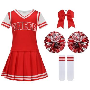 Imagem de GRAJTCIN Fantasia infantil de líder de torcida uniforme de torcida camisa de torcida vestido de festa de Halloween 3-4 anos (110, vermelho)