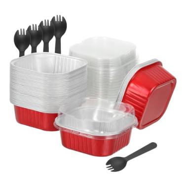 Imagem de HARFINGTON Pacote com 40 mini formas de bolo descartáveis de 293 ml, com tampas e colheres, folha de alumínio vermelha, para assar, cupcake, copos de sobremesa, lata para festa de aniversário