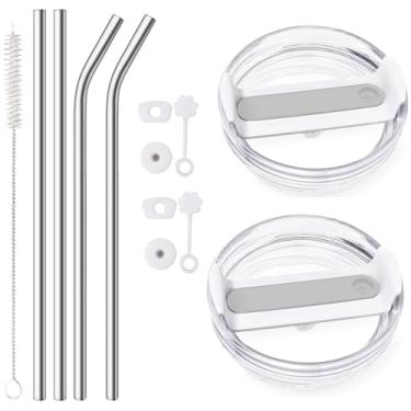 Imagem de Pacote com 2 tampas à prova de vazamento com 4 canudos de metal de aço inoxidável reutilizáveis SUS 304 para copo Stanley de 1,134 g, tampa de derramamento de acessórios Stanley Cup (cinza claro e