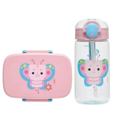 Imagem de Bento Box Com Colher garfo e Divisória Com Vedação em Silicone Não Vaza e Garrafa Canudo Não Vaza (Rosa (Borboleta))