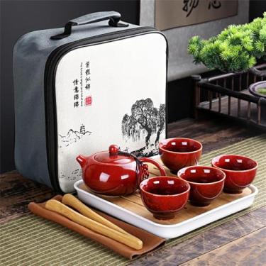 Imagem de Conjunto de chá chinês portátil - Bule de viagem de cerâmica com 5 peças, Gaiwan e 4 xícaras | Kit completo de chá Gongfu em bolsa de transporte, vermelho