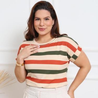 Imagem de Blusa Plus Size Listrada Feminina T-Shirt Manga Curta Dobrada Casual -