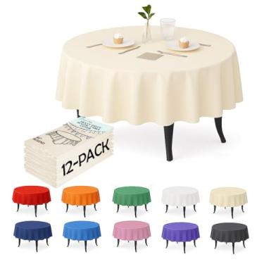Imagem de Craft And Party Pacote com 12 toalhas de mesa de plástico marfim – Capas de mesa redondas descartáveis de 213 cm, resistentes e à prova d'água para festas, eventos, banquetes, marfim