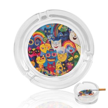 Imagem de Cinzeiro de cristal de flores e gatos, cinzeiro redondo de vidro resistente para fumar cinzeiro portátil decorativo moderno para uso em casa, escritório, interior, exterior, pátio