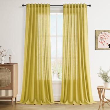 Imagem de Cortinas de linho semitransparentes amarelas aipo 300 cm de comprimento, 2 painéis, conjunto de 2 painéis, para filtro de luz, estilo boho para sala de estar de teto alto, 122 x 120