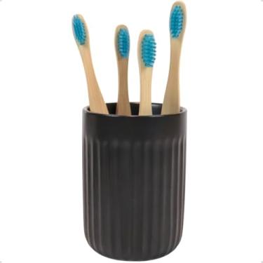 Imagem de Porta Escova de Dente Canelada de Cerâmica Preta Organizador Banheiro