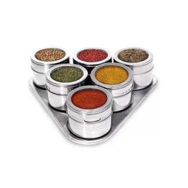 Imagem de Jogo Porta Condimento Temperos Magnético 7 peças Inox com Visor Imã de
