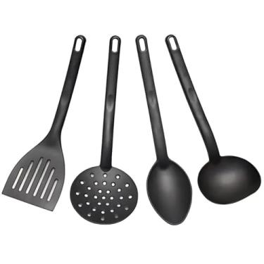 Imagem de KIT 4 Peças de Utensílios de Cozinha em Nylon Espátula Concha Escumadeira e Colher Preto Não Danifica Panela Ergonômico Bordas Suaves