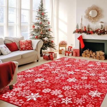 Imagem de Asrug Tapete vermelho de Natal - 12 x 18 cm tapete lavável com floco de neve para sala de estar, antiderrapante, cobertura de piso de diamante, detalhe geométrico, tapete pequeno para decoração de