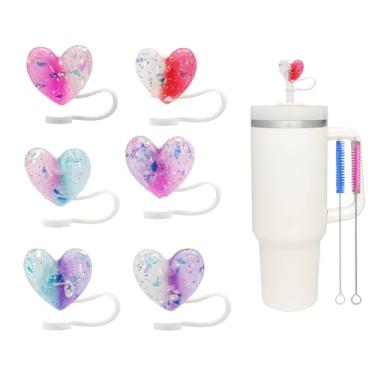 Imagem de 6 peças de cobertura de canudo de coração brilhante de 10 mm para copo Stanley, topo de canudo à prova de poeira para copos de 30 e 1,134 g e garrafas de água, acessórios reutilizáveis para copos