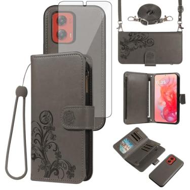 Imagem de Asuwish Capa de celular para Motorola Moto G Stylus 5G 2024 com zíper carteira magnética destacável com protetor de tela de vidro temperado, alça transversal, suporte de cartão de flores G5 mulheres