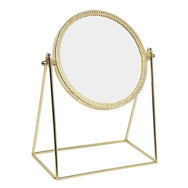 Imagem de Espelho de maquiagem com espelho de um lado para penteadeira, vintage, rotação de 360°, espelho, cosmético, metal, redondo, espelho de beleza, espelho de maquiagem feito à mão para penteadeira, penteadeira, mesa de mesa - dourado