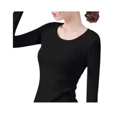 Imagem de Camiseta Feminina Térmica de Veludo Preto - Manga Comprida, Gola Redon