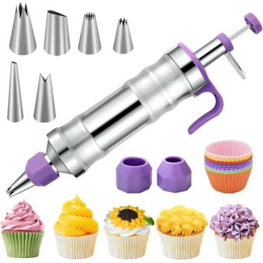 Imagem de FANTEXY Kit de seringa de decoração de sobremesa com 6 bocais de confeiteiro e 9 copos de muffin de silicone, pistola de seringa de cobertura de aço inoxidável de grau alimentício para cupcakes, bolos