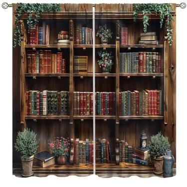 Imagem de VUMIVI Cortinas de estante vintage biblioteca de madeira livros plantas verdes aprendizagem educação decoração haste bolso janela tratamentos para cozinha meninas meninos quarto sala de estar sala de