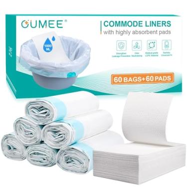 Imagem de 60 forros de cômoda com almofadas absorventes, 60 forros de cômoda de cabeceira e 60 almofadas para balde de cômoda, sacos descartáveis para adultos, forros de cadeira de penico portáteis à prova de