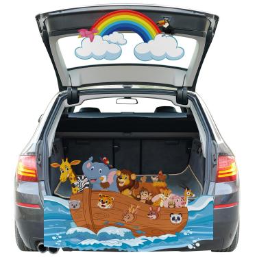 Imagem de Epakh Conjunto de 28 peças de decoração de porta-malas ou petiscos religiosos da Arca de Noé Decorações de carro Jesus Ship Animals Rainbow Cloud Arch Decoração de pano de fundo para festa de