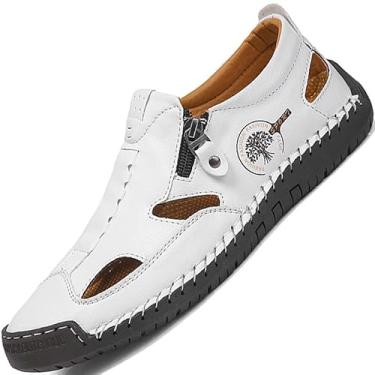 Imagem de Sandálias masculinas de bico fechado para homens, vestido de couro, branco, azul, marrom, preto, tamanho verão, chinelos, sapatos masculinos casuais, Branco, 44