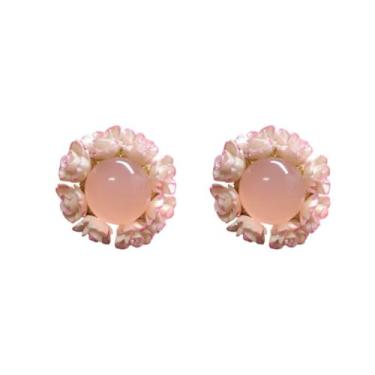 Imagem de Brincos florais de acrílico, design rosa com pedra central, 3 cm de diâmetro, rosa e azul, 2.5 Inches, Acrílico, Sem pedra preciosa