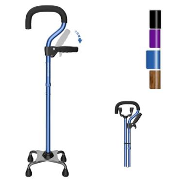 Imagem de KingPavonini Bengala Quad para mulheres/homens com segunda alça, bengala de caminhada dobrável e ajustável com base de 4 pontas, para ficar em pé, equilíbrio, recuperação de cirurgia de perna