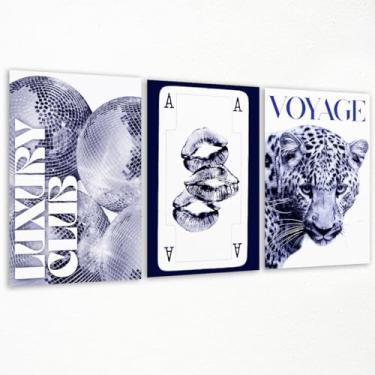Imagem de Conjunto de 3 arte de parede em tela azul, pôster de capa de revista de moda com pintura de guepardo, imagem de carrinho de bar de bola de discoteca de clube de luxo, estampa fashion Kiss Lips Ace A