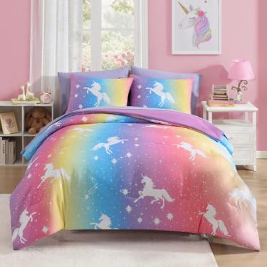 Imagem de Conjunto de edredom solteiro para meninas, 5 peças, arco-íris, unicórnio, cama ultramacia, em uma bolsa com lençóis