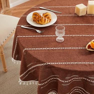 Imagem de ZeeMart Toalha de mesa boho listrada bordada com bainha em terracota redonda de 152 cm, toalha de mesa de terracota de linho de estopa pesada, resistente a amassados, lavável para mesa redonda