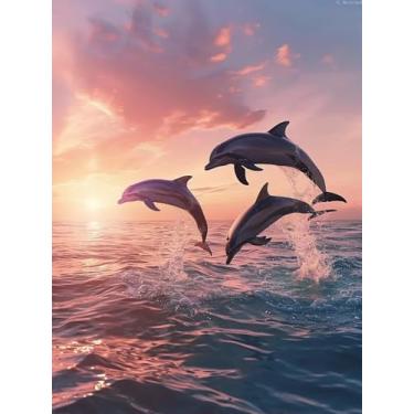 Imagem de Kits de pintura de diamante de golfinho para adultos, DIY Sunset Full Drill Diamond Dots Paintings para iniciantes, 5D Sea Round Diamond Art Painting para decoração de parede de sala de casa 30 x 40