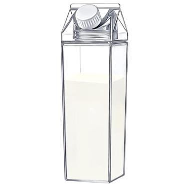 Imagem de LYIYEYAN Garrafa de água de caixa de leite 2 em 1 - 500 ml, 1000 ml, garrafa de leite quadrada reutilizável com bicos duplos para viagens, piquenique e uso diário - Plástico de grau alimentício sem