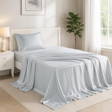 Imagem de Conjunto de lençóis de cetim solteiro Lux Decor de 3 peças – Tecido luxuoso sedoso macio 100% poliéster, lençol com elástico alto – Roupa de cama macia e respirável com fronhas (cinza)