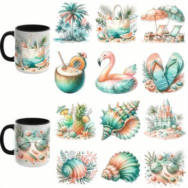Imagem de 12 peças de concha de praia verão UV DTF adesivos de transferência à prova d'água para copos de vidro, móveis, artesanato DIY, adesivos de transferência para garrafa de água DIY, decalque de madeira
