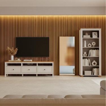 Imagem de Conjunto de Sala 3 Peças com 1 Rack, 1 Estante e 1 Espelho Ananda Cabecasa Madeiramadeira Off White/Mel