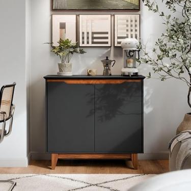Imagem de Buffet Aparador 2 Portas MDF Balcão Hall de Entrada Pés de Madeira Rústico (Preto)