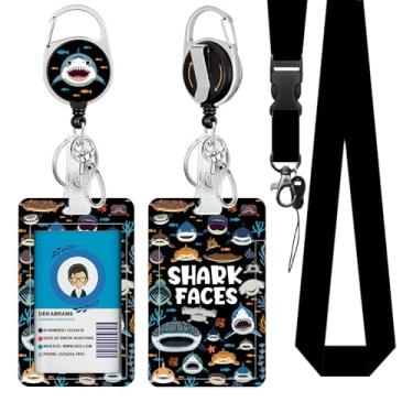 Imagem de Cordões de tubarão para crachá de identificação, suporte de cartão de identificação com clipe retrátil e chaveiro, capa protetora de crachá de identidade vertical com etiqueta de nome para estudantes