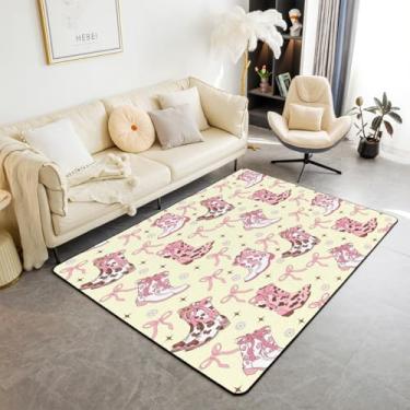 Imagem de Erosebridal Tapete decorativo Cowgirl Western para meninas com laço feminino 3 x 5 laço rosa vaca tapete para decoração de quarto de crianças meninos adolescentes amarelo fazenda cowboy tapete rústico