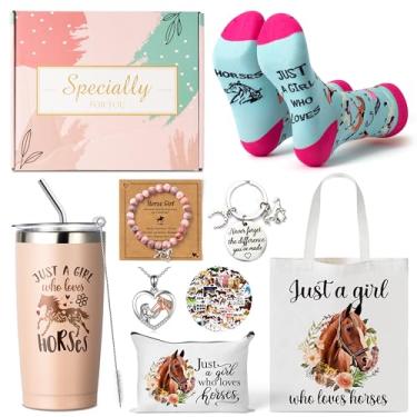 Imagem de Y1tvei Bolsa de lona para presentes de cavalos - 61 peças Just A Girl Who Loves Horses bolsa de maquiagem, bolsa térmica copo meias rosa pulseira cartão coração colar adesivos chaveiro, presentes para