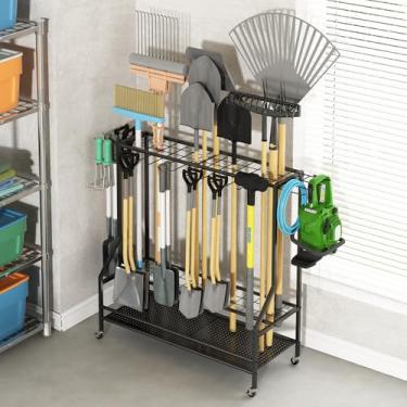 Imagem de GILLAS Organizador de ferramentas de jardim para garagem, rack de armazenamento utilitário com ganchos, suporte de ferramentas de metal para quintal organizador para cabo longo, vassoura, pá, ancinho