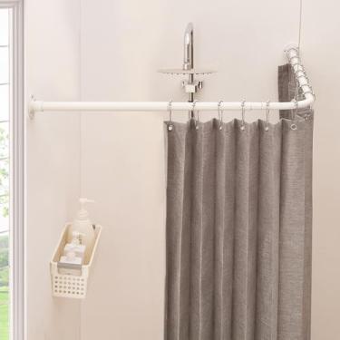 Imagem de Mirooyu Haste de cortina de chuveiro em forma de L, [61-119,4 cm] x [61-119,4 cm] Canto duplo deslizante 90 graus haste de chuveiro para banheiro, banheira e exterior com 12 ganchos e suporte de teto